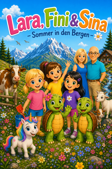 Drei Mädchen und zwei Schildkröten posieren fröhlich in einer bunten Berglandschaft.