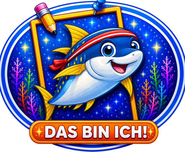 Das bin ich! Ein fröhlicher Fisch mit einer Kopfbedeckung auf buntem, glitzerndem Hintergrund.