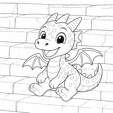 Ein niedlicher Drache mit Flecken und kleinen Flügeln sitzt auf Stufen.