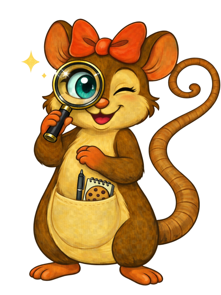 Süße Maus mit rotem Schleifenhaarband, hält eine Lupe und hat Kekse in der Tasche.