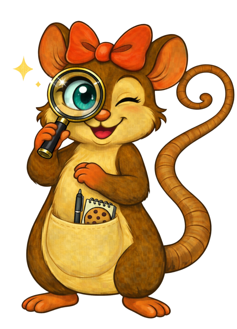 Süße Maus mit rotem Schleifenhaarband, hält eine Lupe und hat Kekse in der Tasche.