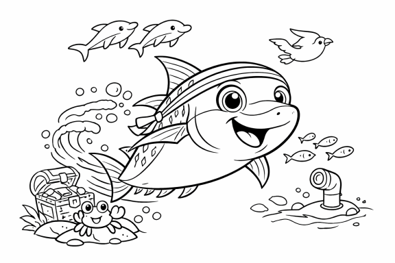 Ein fröhlicher Fisch mit Kopfbinde schwimmt zwischen kleinen Fischen und einem Vogel.
