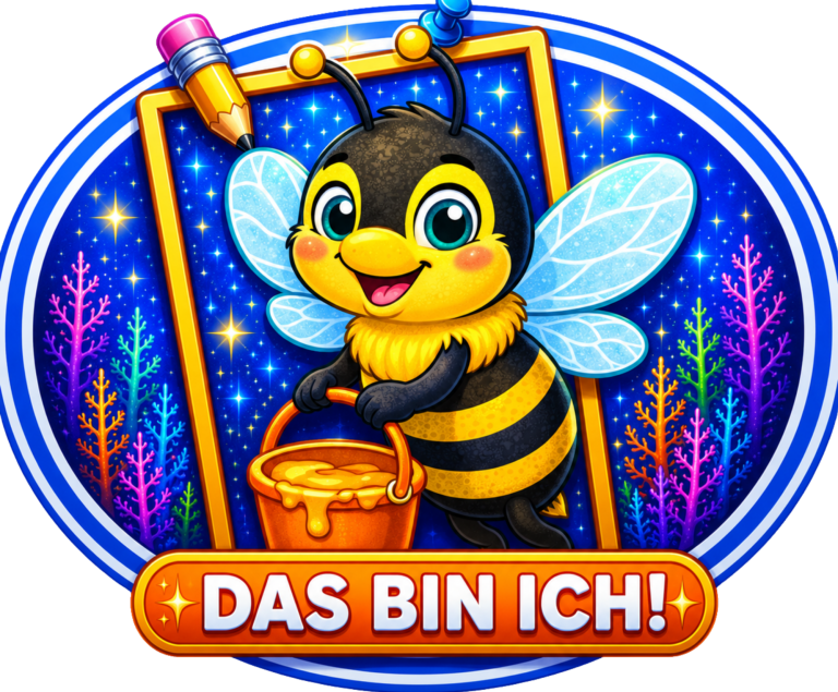 Süße Biene mit Farbkübel vor buntem, glitzerndem Hintergrund. Text: "DAS BIN ICH!"