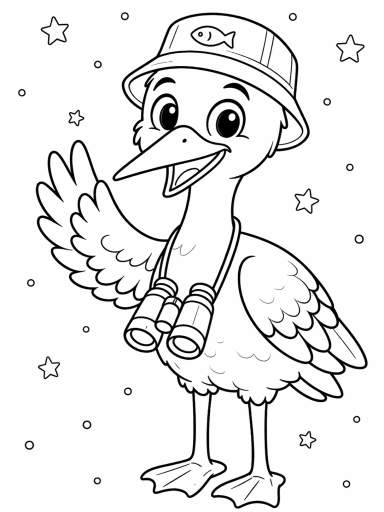 Ein fröhlicher Vogel mit einem Fischhut und Ferngläsern, umgeben von Sternen.