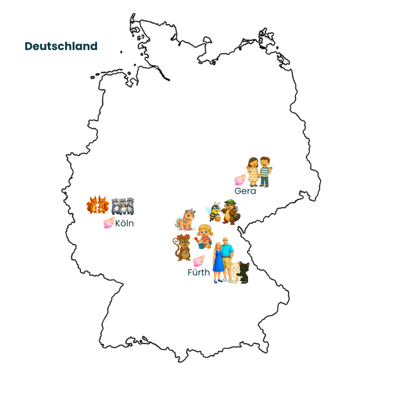 Karte von Deutschland mit cartoonhaften Figuren und Symbolen in verschiedenen Regionen.
