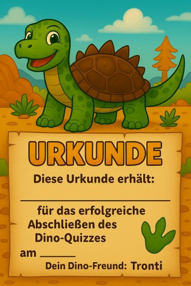 Urkunde für das bestandene Dino-Quiz, dekoriert mit einem freundlichen Dinosaurier.
