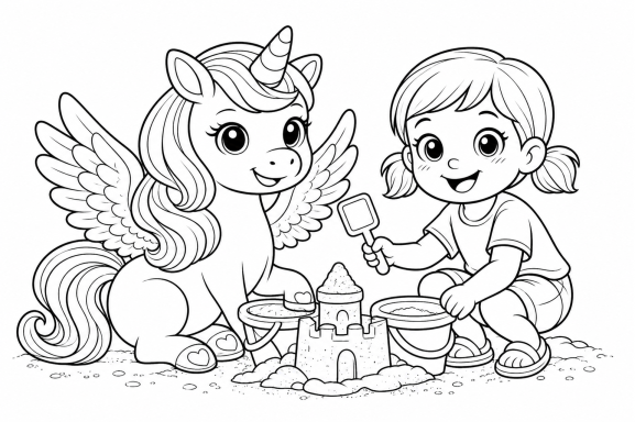 Pino und Lara Ein Mädchen mit einem Einhorn baut eine Sandburg am Strand.