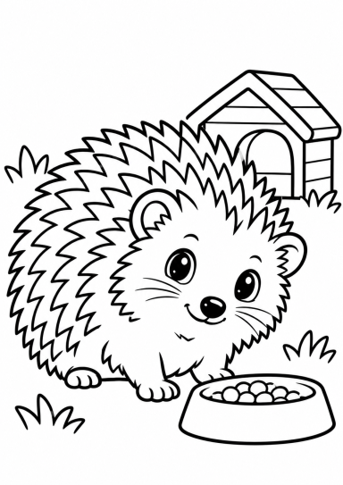 Ausmalbild: Igel mit Futterschüssel vor einem Igelhaus