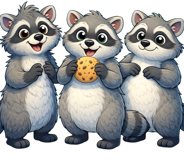 Drei fröhliche Waschbären stehen zusammen und halten einen Keks in der Mitte.