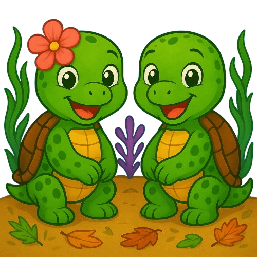 Fini und Sina -zwei fröhliche, grüne Schildkröten stehen auf einem bunten Boden mit Pflanzen.