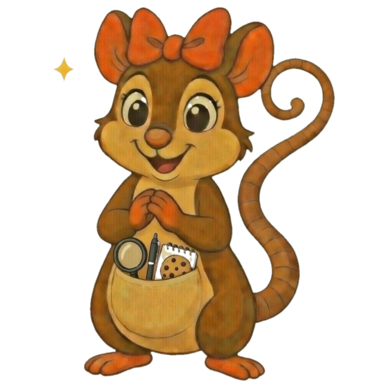 Eine fröhliche Maus mit einer roten Schleife, die Kekse in ihrer Tasche hält.