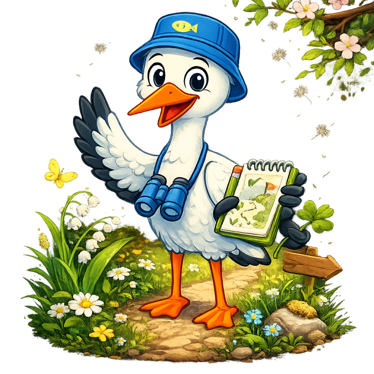 Ein neugieriger Storch mit Fernglas und Notizblock auf einem blühenden Weg.