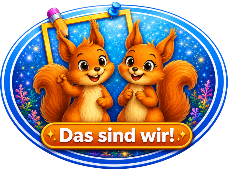 Eichi & Emma Zwei cartoonhafte Eichhörnchen mit fröhlichen Gesichtsausdrücken und buntem Hintergrund.