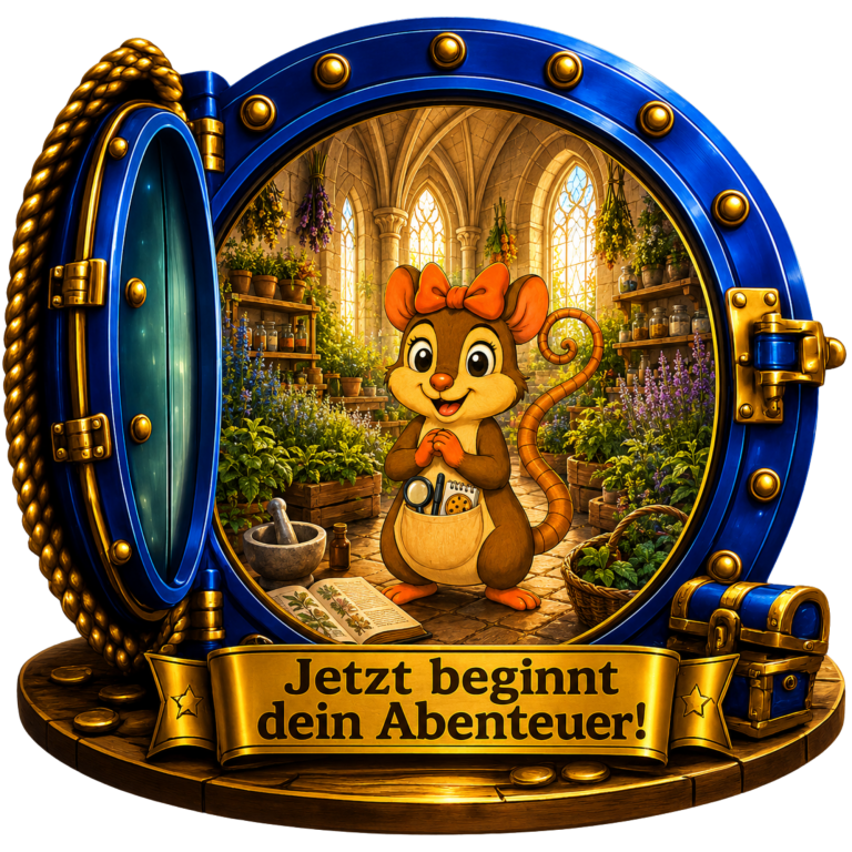 Eine Beutelratte mit roter Schleife steht in einem farbenfrohen Garten.
