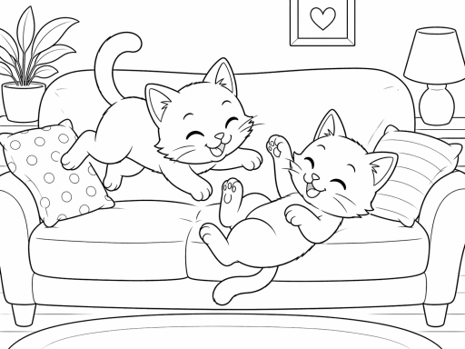 Zwei fröhliche Katzen spielen auf einem Sofa in einem gemütlichen Raum.