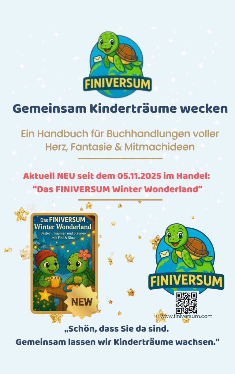 Buchcover-Ankündigung für das "FINVERSUM Kinder-Verwöhnbuch" mit einem freundlichen Charakter.