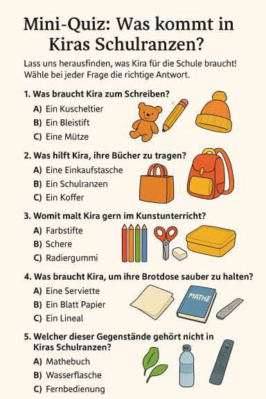 Mini-Quiz mit Fragen und Antworten zu Schulbedarf, dargestellt in einem Arbeitsblatt.