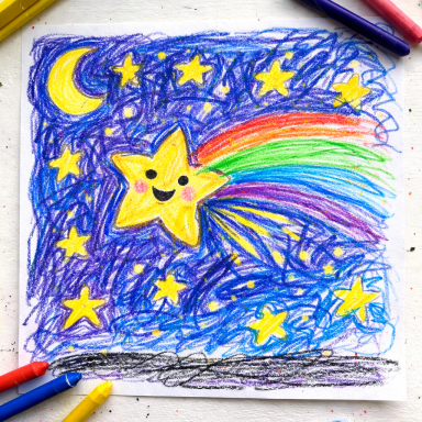 Bunte Zeichnung eines lächelnden Sterns mit Regenbogen und vielen kleinen Sternen.