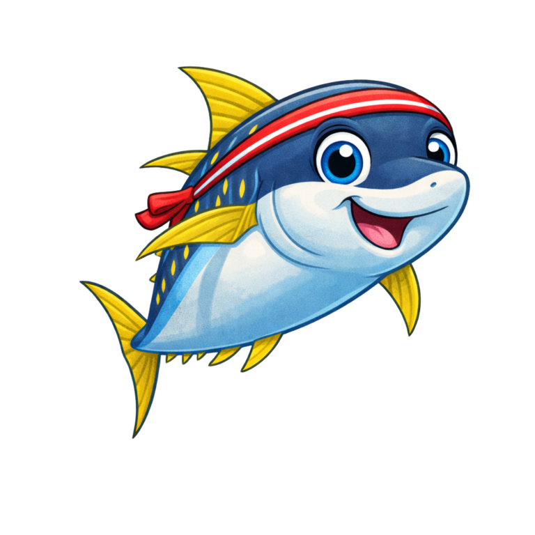 Ein fröhlicher Fisch mit blauen Augen und einem roten Kopftuch schwimmt lächelnd.