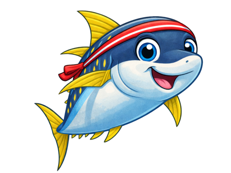 Lächelnder Thunfisch mit Kopftuch, blaue und gelbe Farben.