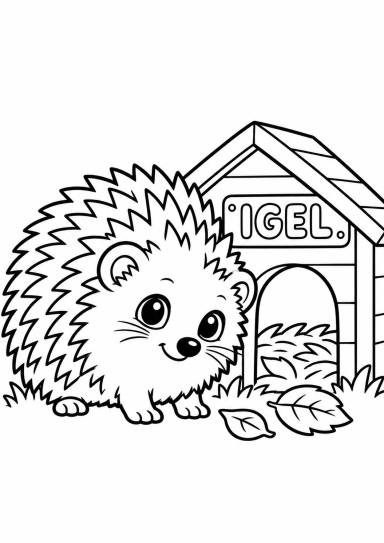 Ausmalbild: Igel vor einem Igelhaus