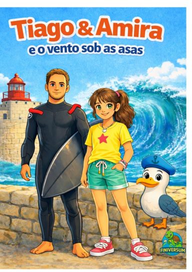Tiago und Amira stehen am Strand, umgeben von Wellen und einer Möve. Portugiesische Version.