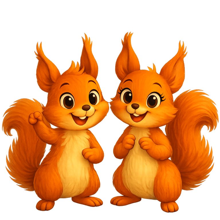 Zwei fröhliche, cartoonartige, orangefarbene Eichhörnchen mit großen Augen.