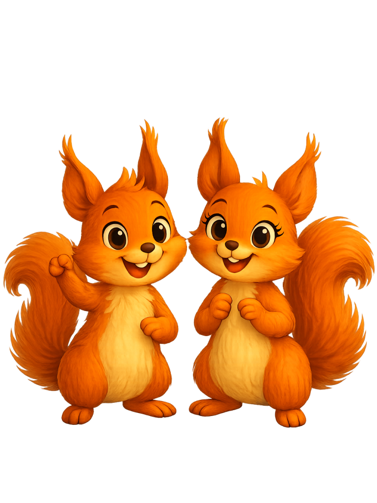 Zwei fröhliche, cartoonhafte Eichhörnchen mit orangefarbenem Fell.