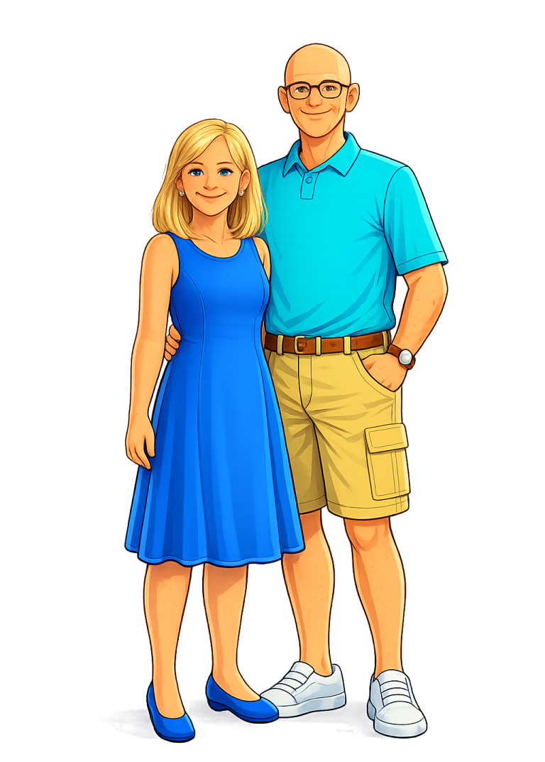 Oma Silvie und Opa Herbert Ein Paar steht zusammen, sie trägt ein blaues Kleid, er ein grünes Hemd und khakifarbene Shorts.