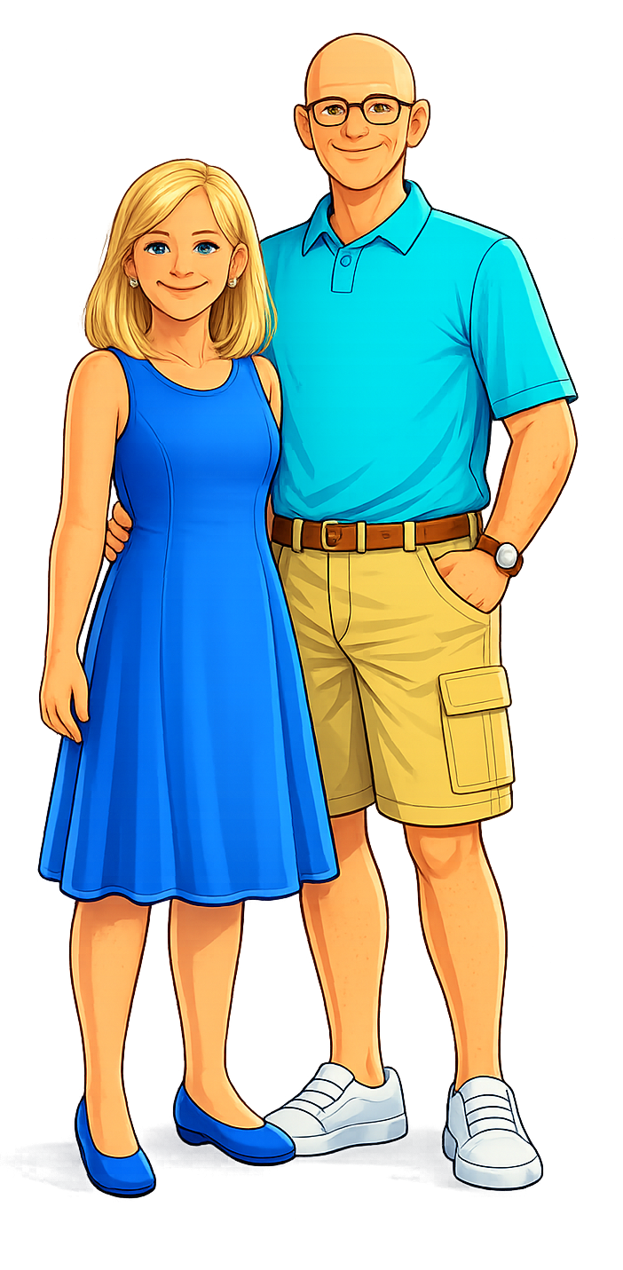 Oma Silvie und Opa Herbert Ein Paar steht nebeneinander, sie trägt ein blaues Kleid und er eine kurze Hose.