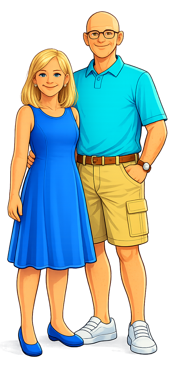 Ein Paar steht zusammen, er trägt ein blaues Shirt und Shorts, sie ein blaues Kleid.