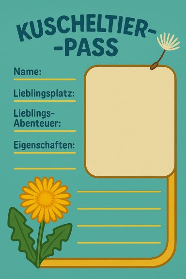 Kuscheltier-Pass mit Platz für Namen, Lieblingsplatz und Eigenschaften.