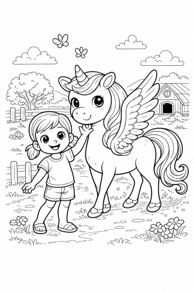 Ein Mädchen mit Zöpfen steht neben einem geflügelten Einhorn in einer Landschaft.