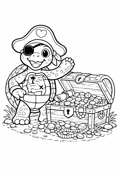 Ausmalbild einer Piratenschildkröte mit einem Augenpatch, die neben einer Schatztruhe voller Goldmünzen steht.
