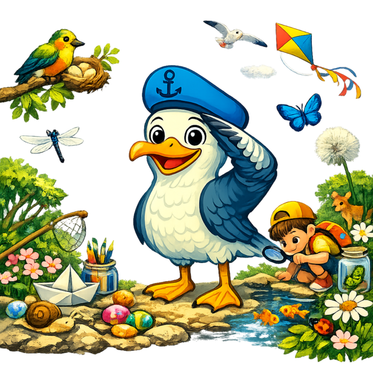 Ein Seemöwe in Uniform mit einem Kind, bunten Blumen, Insekten und einem Drachen.