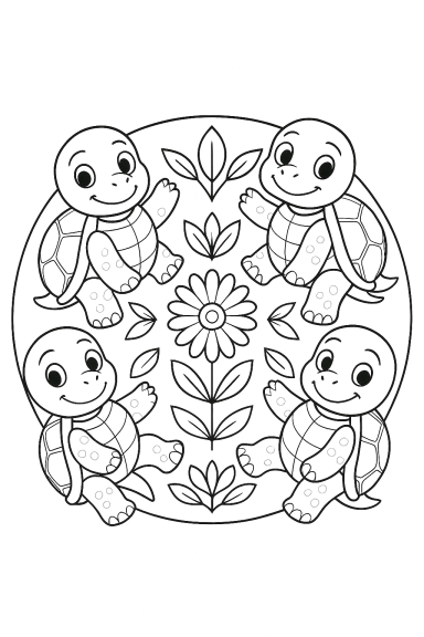 Vier lächelnde Schildkröten umgeben von Blumen und Blättern in einem kreisförmigen Muster.