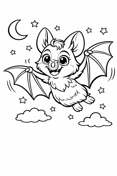 Eine niedliche cartoonhafte Fledermaus fliegt fröhlich durch den Nachthimmel.