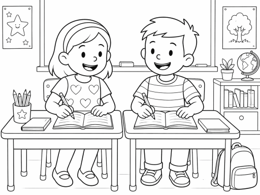 Zwei Kinder sitzen an Schreibtischen und zeichnen in ihren Heften.