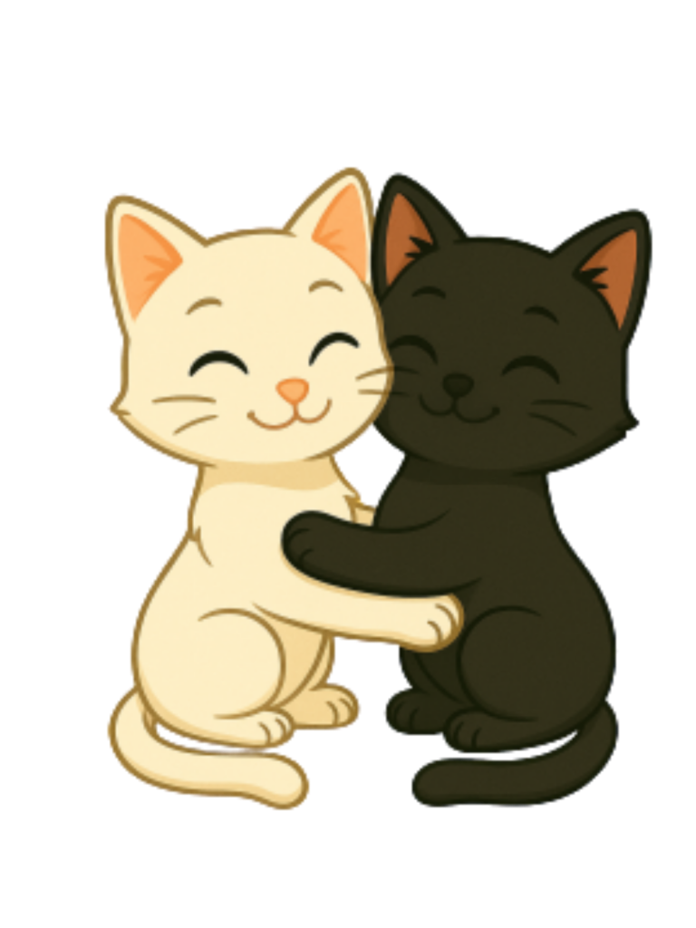 Zwei niedliche Katzen, eine weiße und eine schwarze, umarmen sich freundlich.