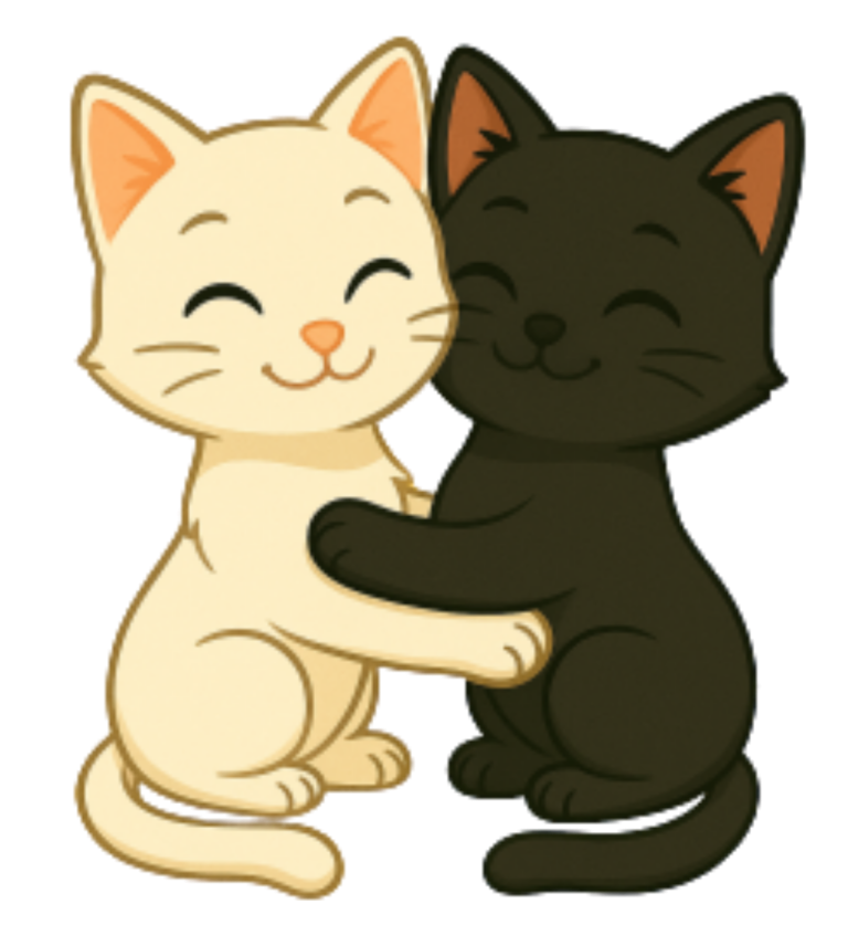 Zwei niedliche Katzen, eine weiße und eine schwarze, umarmen sich lächelnd.