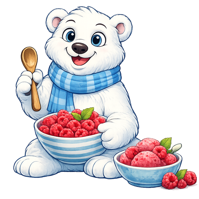 Polarix Ein fröhlicher Eisbär mit Schal, umgeben von Eis, Wasser und sonnigem Wetter.