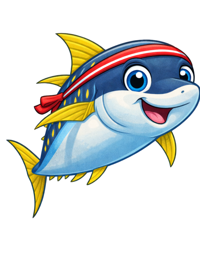 Ein fröhlicher, cartoonartiger Fisch mit einem roten Kopftuch.