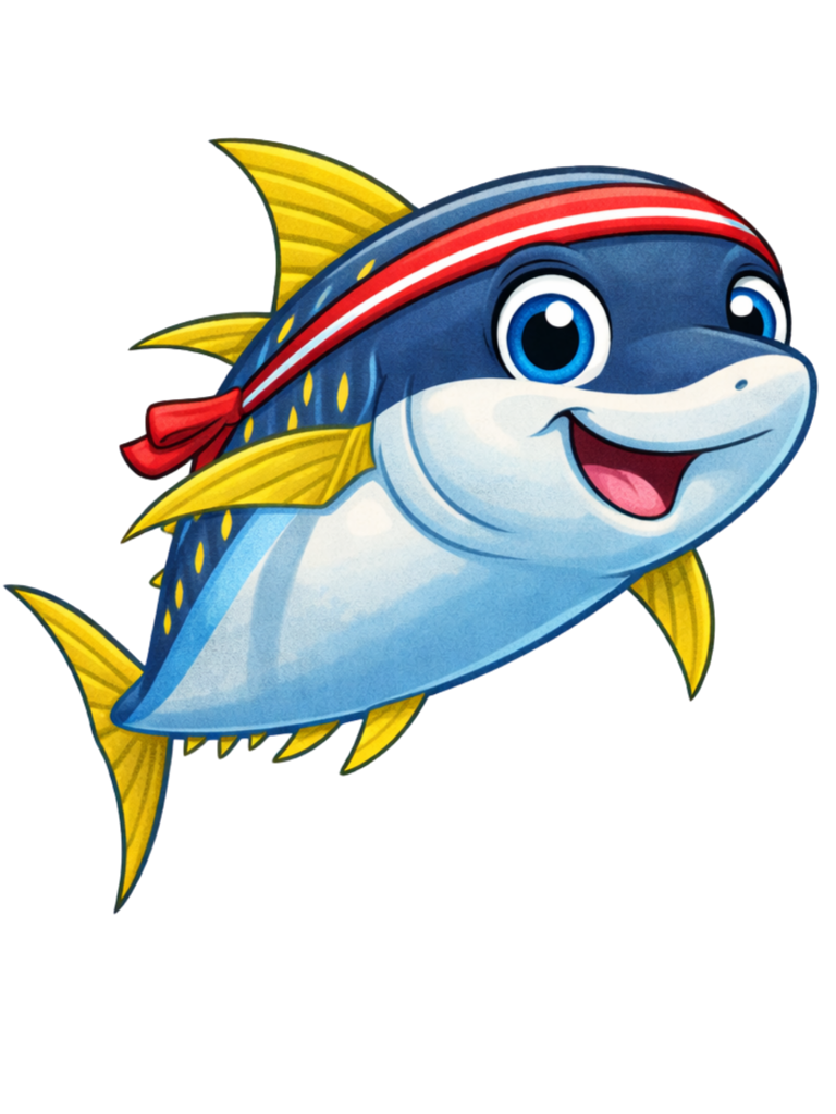 Speedy Ein fröhlicher Thunfisch mit einem roten Kopftuch.