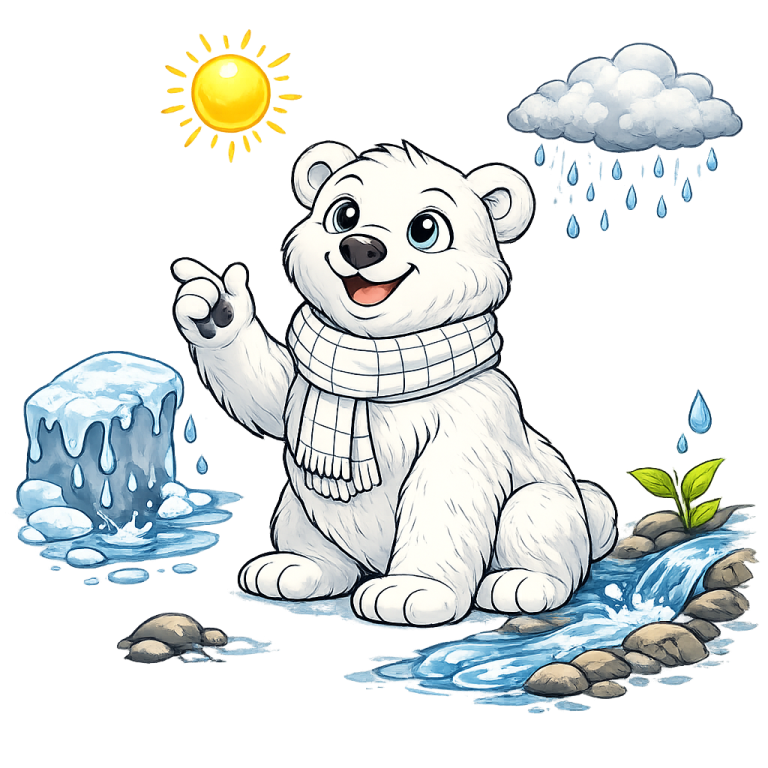 Polarix Ein fröhlicher Eisbär mit Schal, umgeben von Eis, Wasser und sonnigem Wetter.