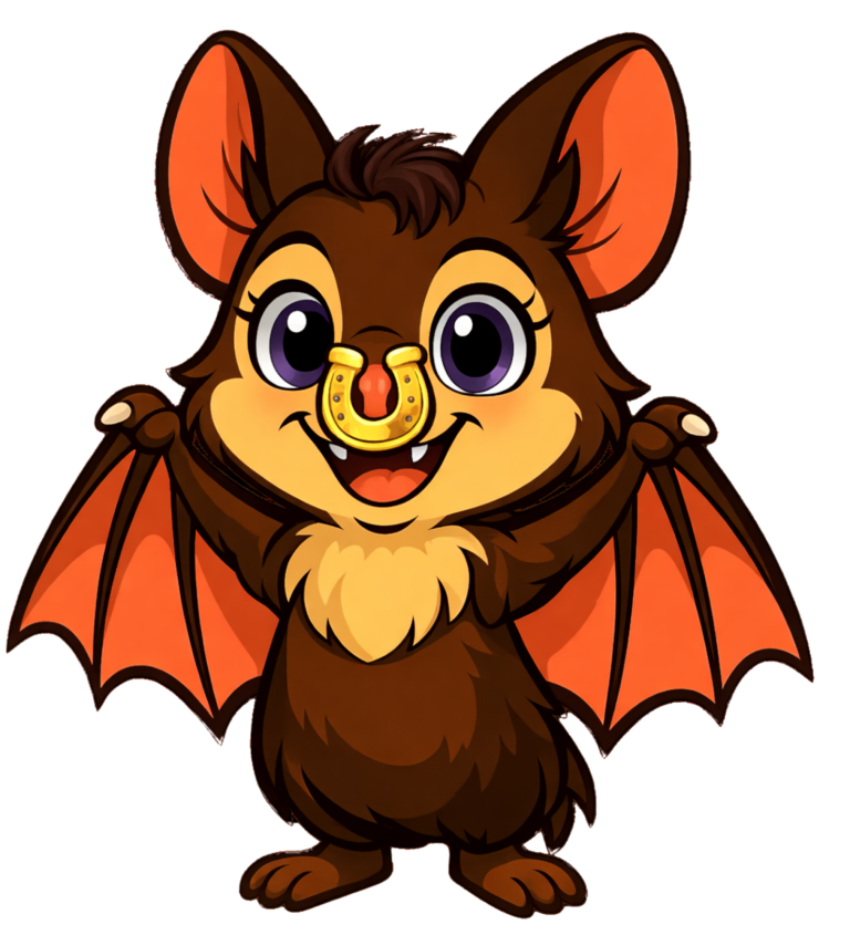 Eine niedliche, cartoonhafte Fledermaus mit orangefarbenen Flügeln und einem Hufeisennase.