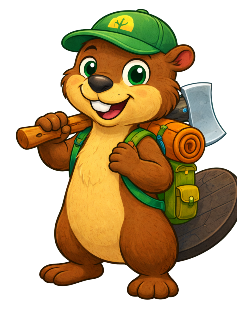 Ein fröhlicher Biber mit Rucksack, Axt und grüner Mütze, bereit für ein Abenteuer.