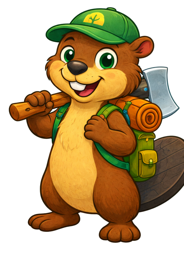 Ein fröhlicher Biber in einem grünen Hut mit Rucksack und Axt.