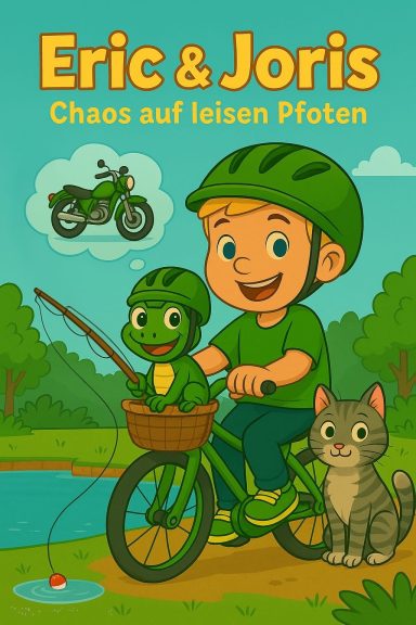 Junge auf Fahrrad mit Schildkröte und Katze, Hintergrund mit Natur und Motorrad.