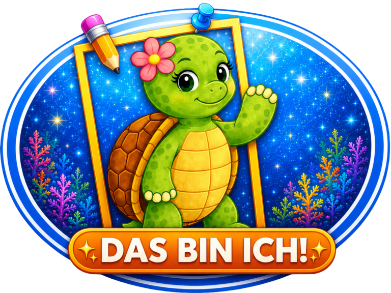 Das bin ich! Grüne Schildkröte mit Blumenhaar zeigt sich fröhlich vor buntem Hintergrund.