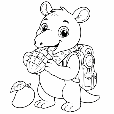 Ein fröhliches Tier mit Rucksack isst eine Mango und hält ein weiteres Obst in der Hand.